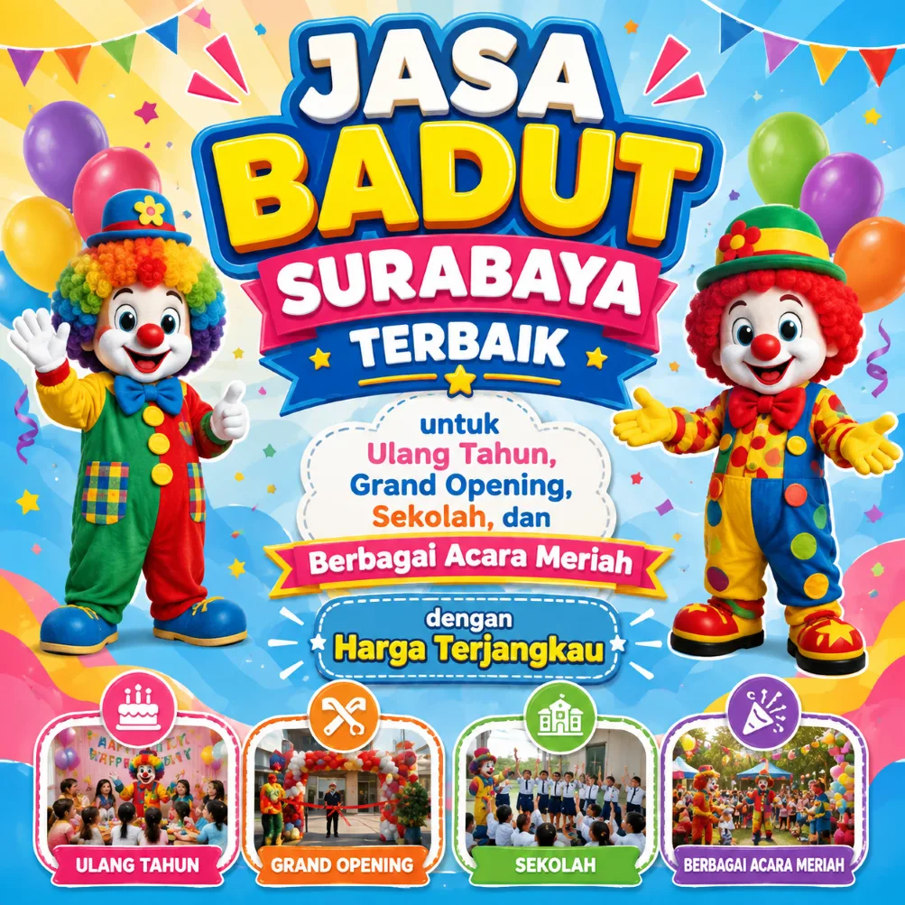 Jasa Badut Surabaya Terbaik untuk Ulang Tahun, Grand Opening, Sekolah, dan Berbagai Acara Meriah dengan Harga Terjangkau