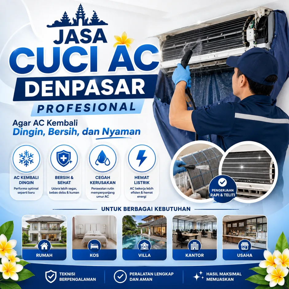 Jasa Cuci AC Denpasar Profesional untuk Rumah, Kos, Villa, Kantor & Usaha agar AC Kembali Dingin, Bersih, dan Nyaman