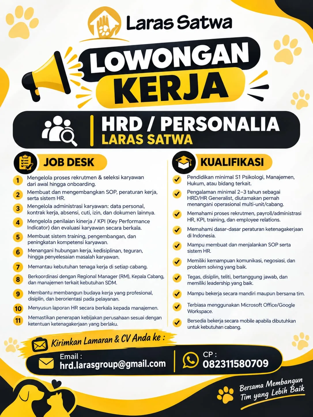 Lowongan Kerja HRD / Personalia Laras Satwa – Human Resources Development
