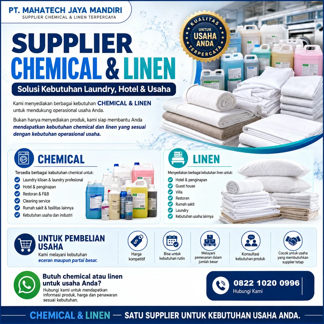 Supplier Chemical & Linen Grosir untuk Laundry, Hotel dan Berbagai Usaha dengan Harga Kompetitif untuk Pembelian Rutin