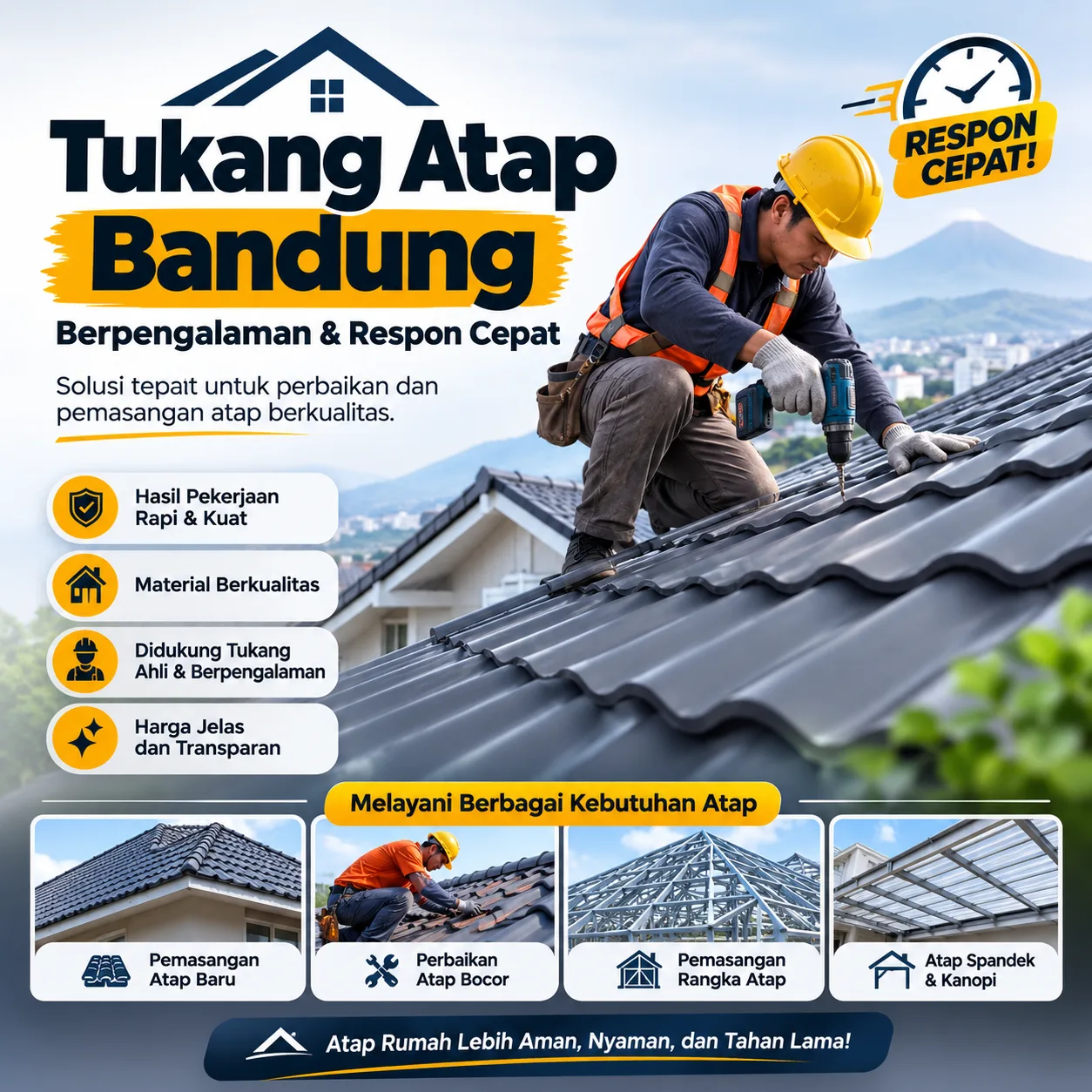 Tukang Atap Bandung Berpengalaman dengan Respon Cepat untuk Perbaikan dan Pemasangan Atap Berkualitas